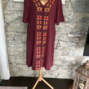 Burgundy Dress with Multicolor Floral Embroidery